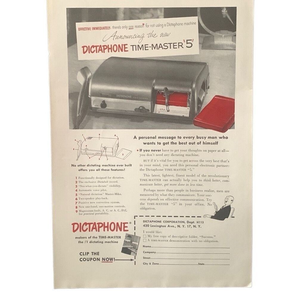 Vintage 1953 Dictaphone Time-Master 5 Ad Advertisement